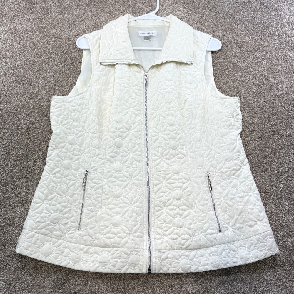 Christopher & Banks Womens Large Cream Quilted Floral Full Zip Vest Pockets L